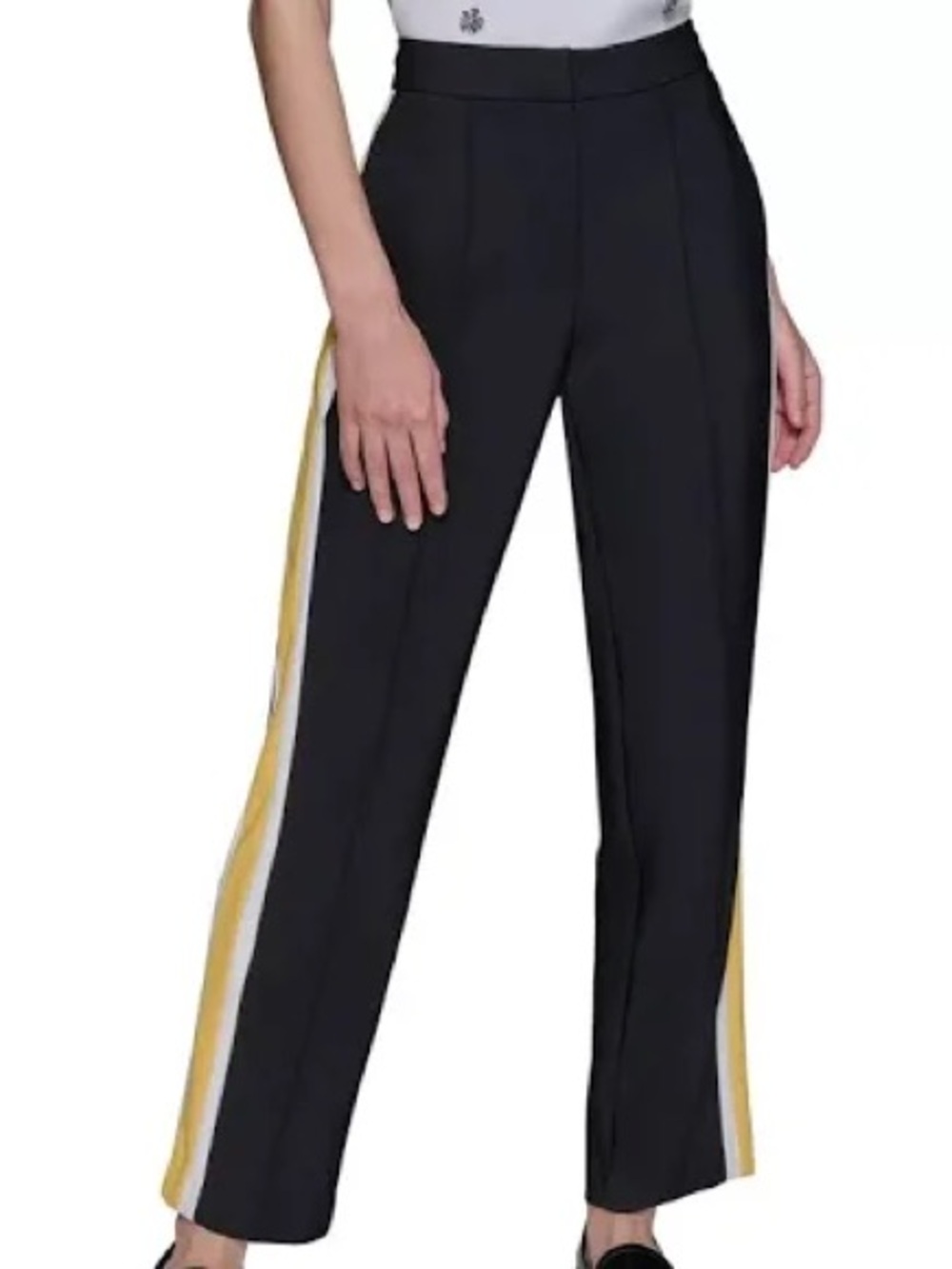 Karl Lagerfeld Black Straight-Leg Pants  Yellow & White Side Stripes Size 6 BNWT